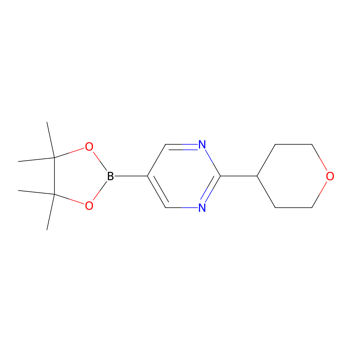 2-(tetrahydro-2H-pyran-4-yl)-5-(4,4,5,5-tetramethyl-1,3,2-dioxaborolan-2-yl)pyrimidine molecular structure, CAS 1402166-38-4
