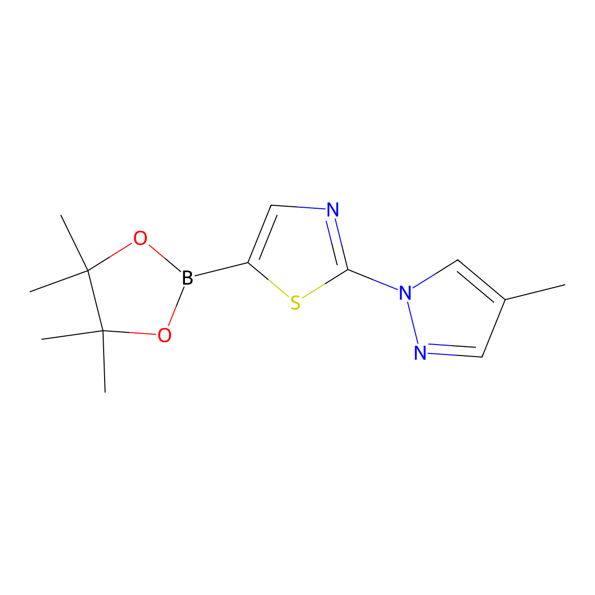 2-(4-methyl-1H-pyrazol-1-yl)-5-(4,4,5,5-tetramethyl-1,3,2-dioxaborolan-2-yl)thiazole molecular structure, CAS 1402166-43-1