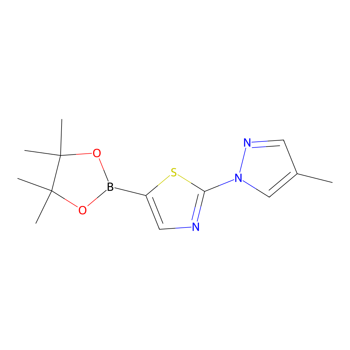 2-(4-methyl-1H-pyrazol-1-yl)-5-(4,4,5,5-tetramethyl-1,3,2-dioxaborolan-2-yl)thiazole molecular structure, CAS 1402166-43-1