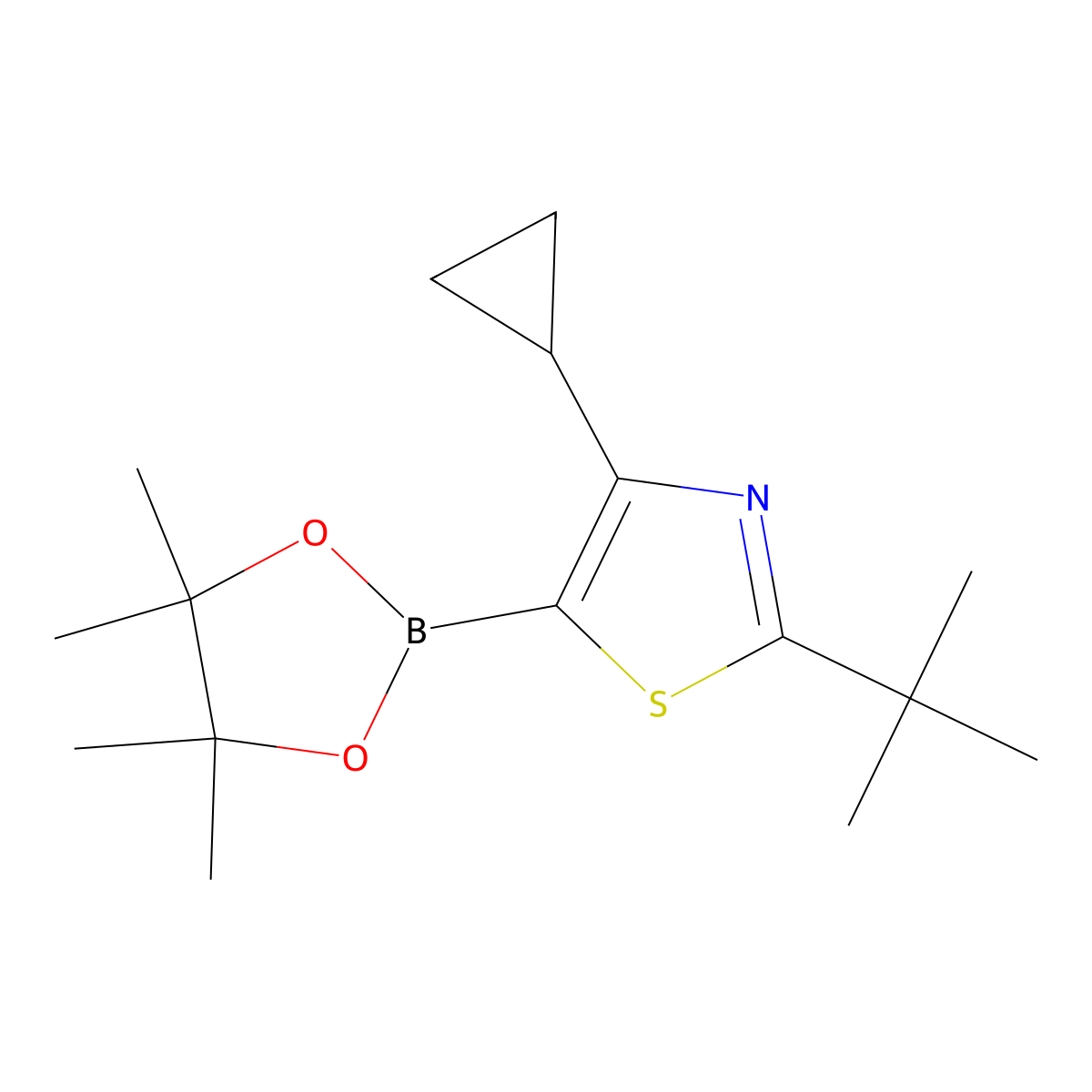 4-Cyclopropyl-2-tert-butylthiazole-5-boronic acid pinacol ester molecular structure, CAS 1402174-58-6