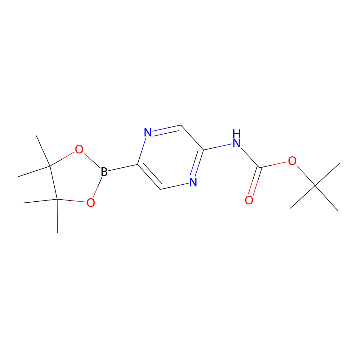 tert-Butyl (5-(4,4,5,5-tetramethyl-1,3,2-dioxaborolan-2-yl)pyrazin-2-yl)carbamate molecular structure, CAS 1402227-80-8