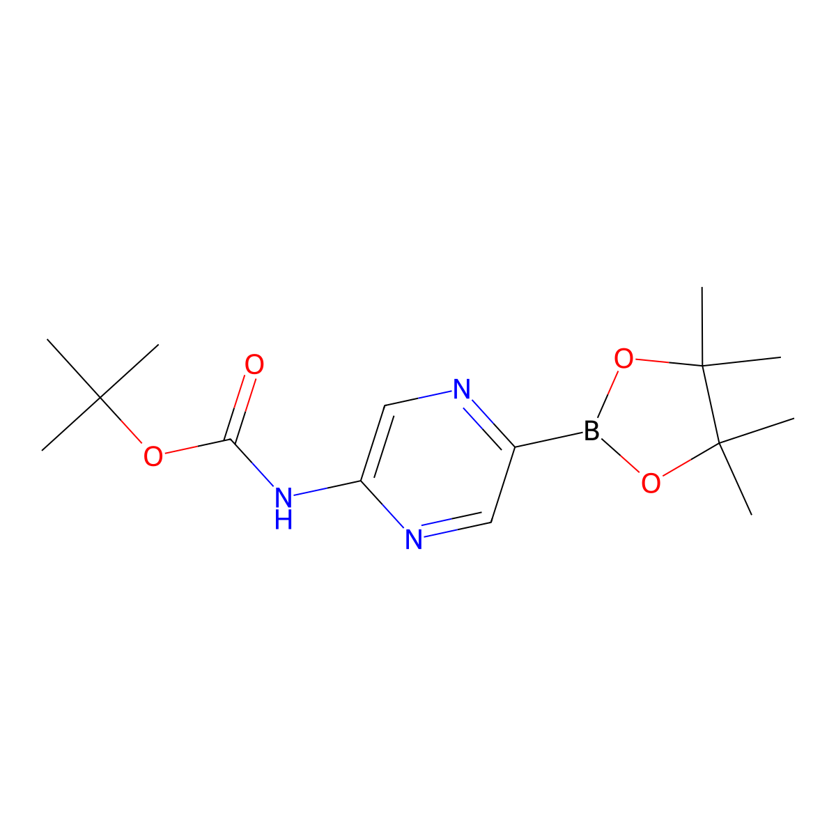 tert-Butyl (5-(4,4,5,5-tetramethyl-1,3,2-dioxaborolan-2-yl)pyrazin-2-yl)carbamate molecular structure, CAS 1402227-80-8