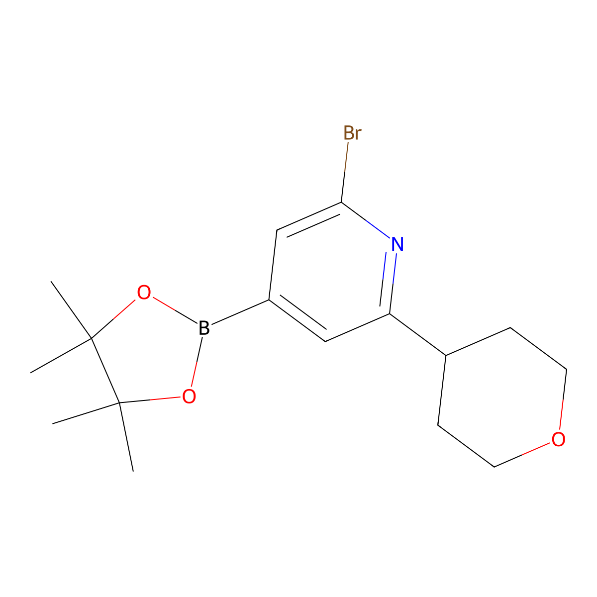 2-Bromo-6-(tetrahydro-2H-pyran-4-yl)-4-(4,4,5,5-tetramethyl-1,3,2-dioxaborolan-2-yl)pyridine molecular structure, CAS 1402238-04-3