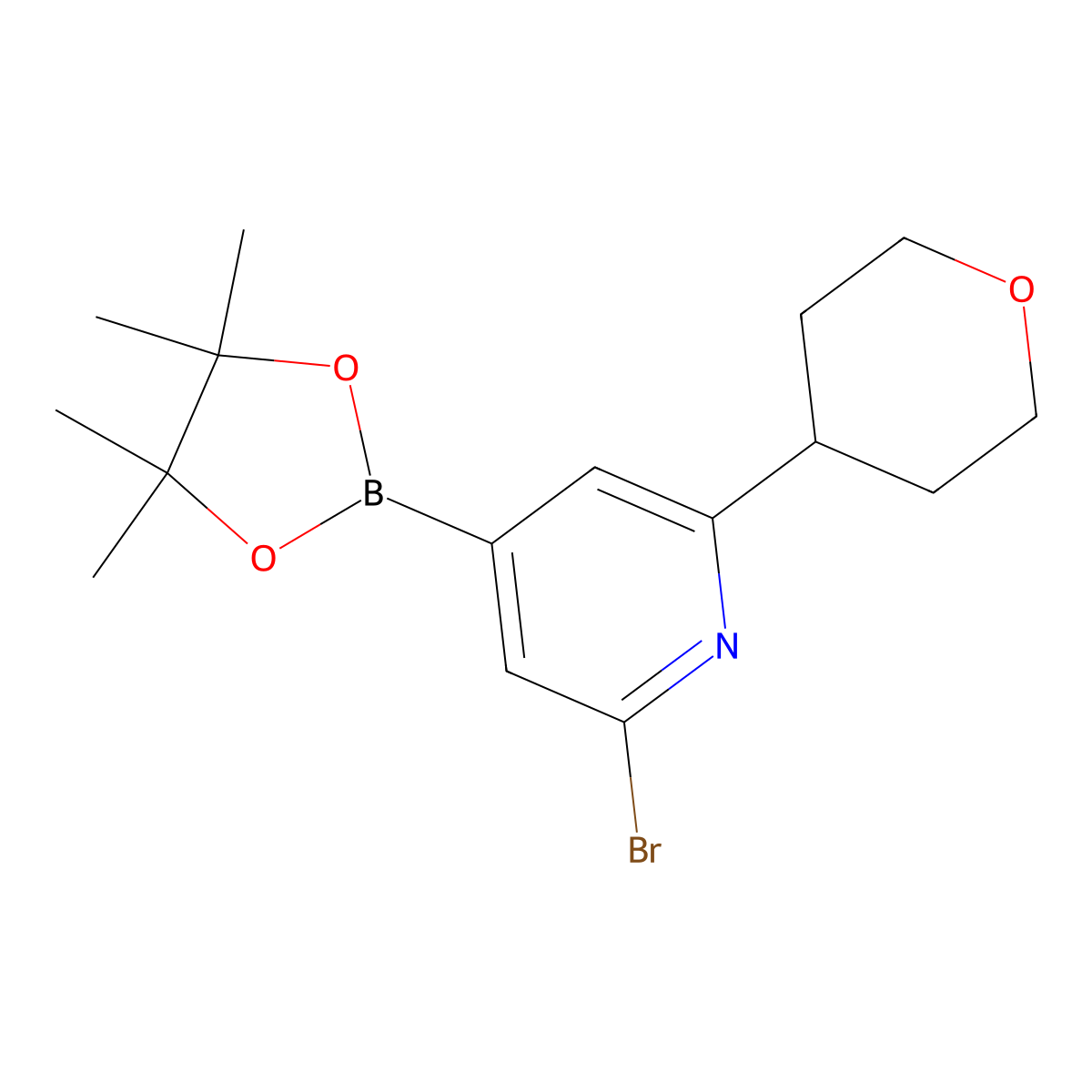 2-Bromo-6-(tetrahydro-2H-pyran-4-yl)-4-(4,4,5,5-tetramethyl-1,3,2-dioxaborolan-2-yl)pyridine molecular structure, CAS 1402238-04-3