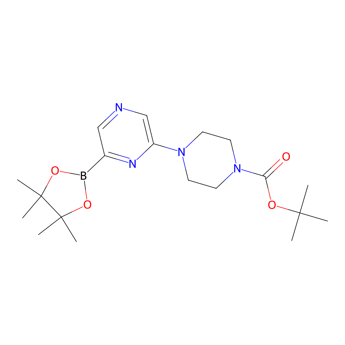 tert-Butyl 4-(6-(4,4,5,5-tetramethyl-1,3,2-dioxaborolan-2-yl)pyrazin-2-yl)piperazine-1-carboxylate molecular structure, CAS 1402238-14-5