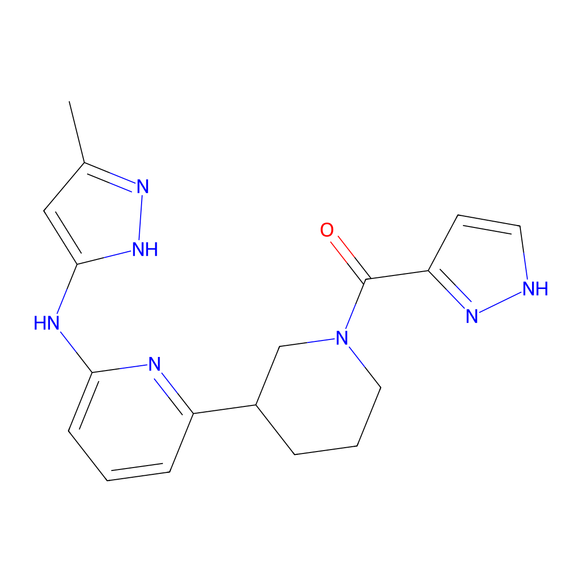 (3-{6-[(5-Methyl-1H-pyrazol-3-yl)amino]pyridin-2-yl}piperidin-1-yl)(1H-pyrazol-3-yl)methanone molecular structure, CAS 1402249-09-5