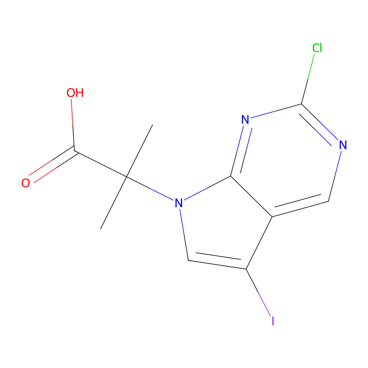 2-(2-Chloro-5-iodo-7H-pyrrolo[2,3-d]pyrimidin-7-yl)-2-methylpropanoic acid molecular structure, CAS 1402445-13-9