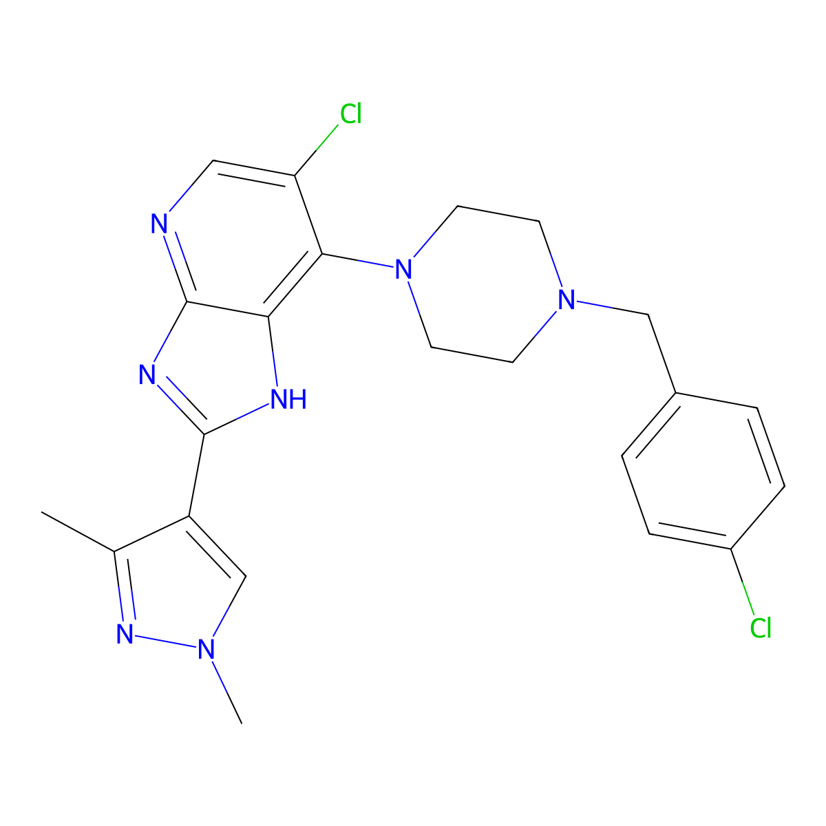 6-chloro-7-(4-(4-chlorobenzyl)piperazin-1-yl)-2-(1,3-dimethyl-1H-pyrazol-4-yl)-3H-imidazo(4,5-b)pyridine molecular structure, CAS 1402709-93-6