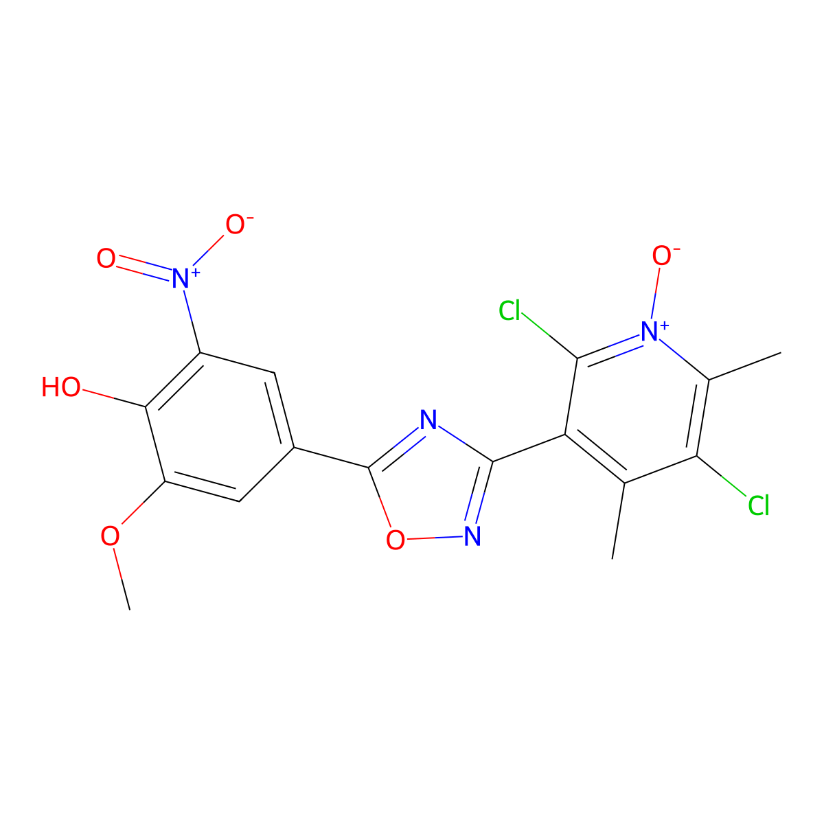 4-(3-(2,5-Dichlor-4,6-dimethyl-1-oxido-3-pyridinyl)-1,2,4-oxadiazol-5-yl)-2-methoxy-6-nitrophenol molecular structure, CAS 1402714-41-3