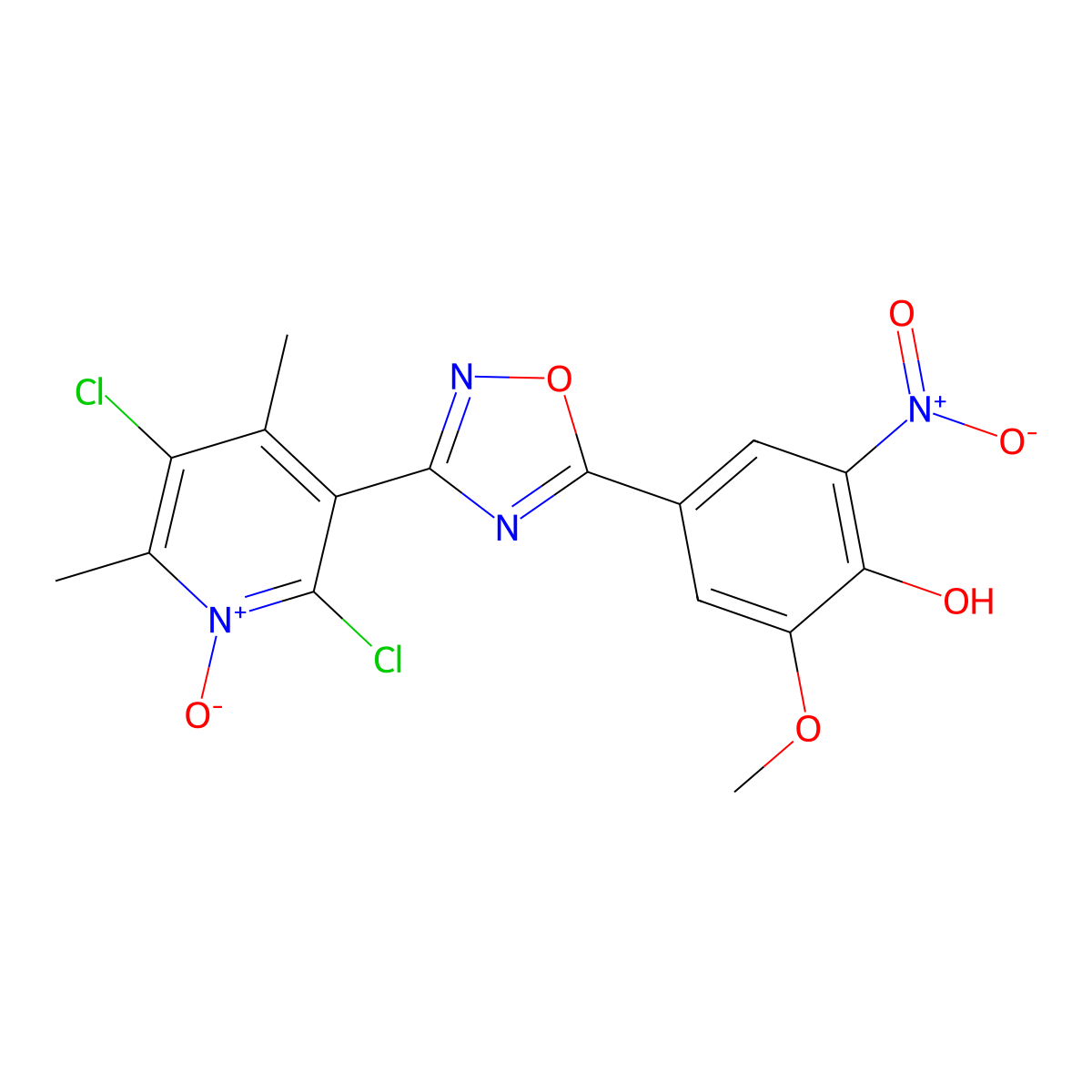 4-(3-(2,5-Dichlor-4,6-dimethyl-1-oxido-3-pyridinyl)-1,2,4-oxadiazol-5-yl)-2-methoxy-6-nitrophenol molecular structure, CAS 1402714-41-3