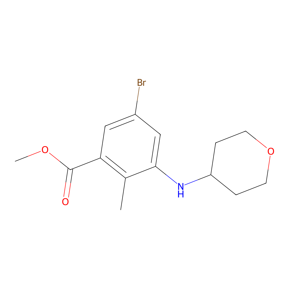 methyl 5-bromo-2-methyl-3-((tetrahydro-2H-pyran-4-yl)amino)benzoate molecular structure, CAS 1403257-49-7