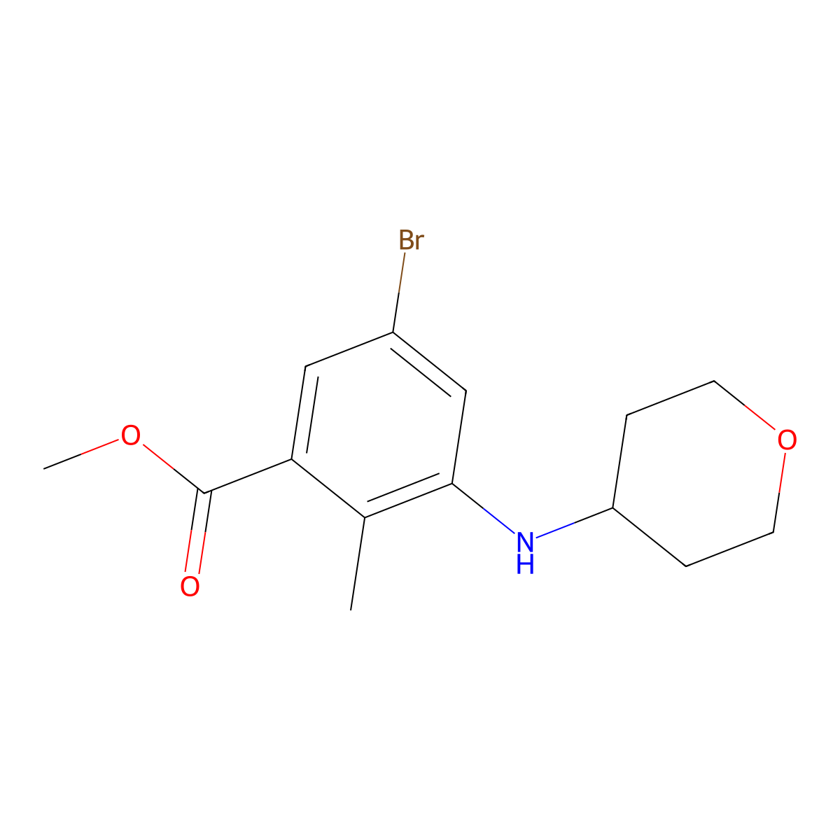 methyl 5-bromo-2-methyl-3-((tetrahydro-2H-pyran-4-yl)amino)benzoate molecular structure, CAS 1403257-49-7