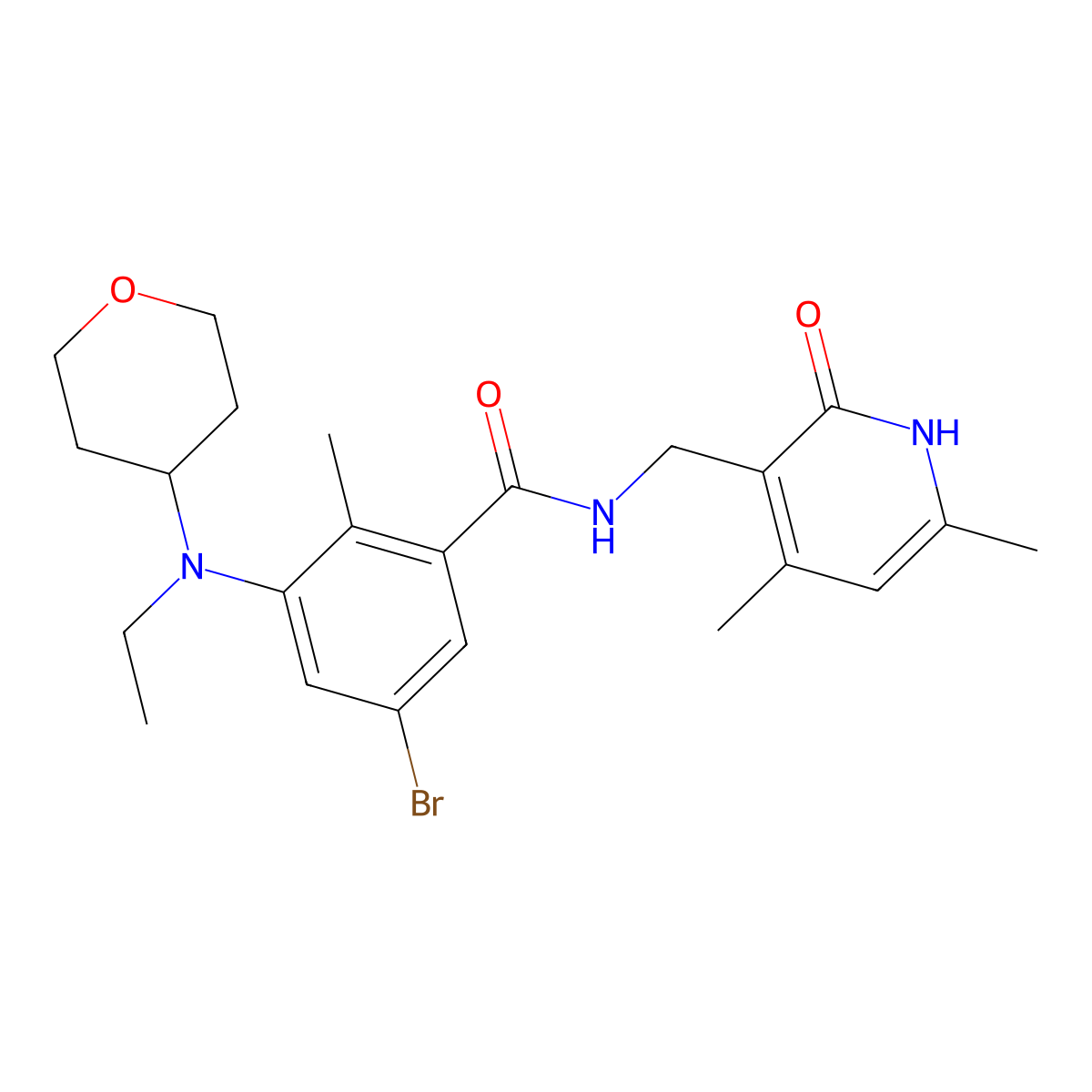 5-Bromo-N-((1,2-dihydro-4,6-dimethyl-2-oxo-3-pyridinyl)methyl)-3-(ethyl(tetrahydro-2H-pyran-4-yl)amino)-2-methylbenzamide molecular structure, CAS 1403257-80-6