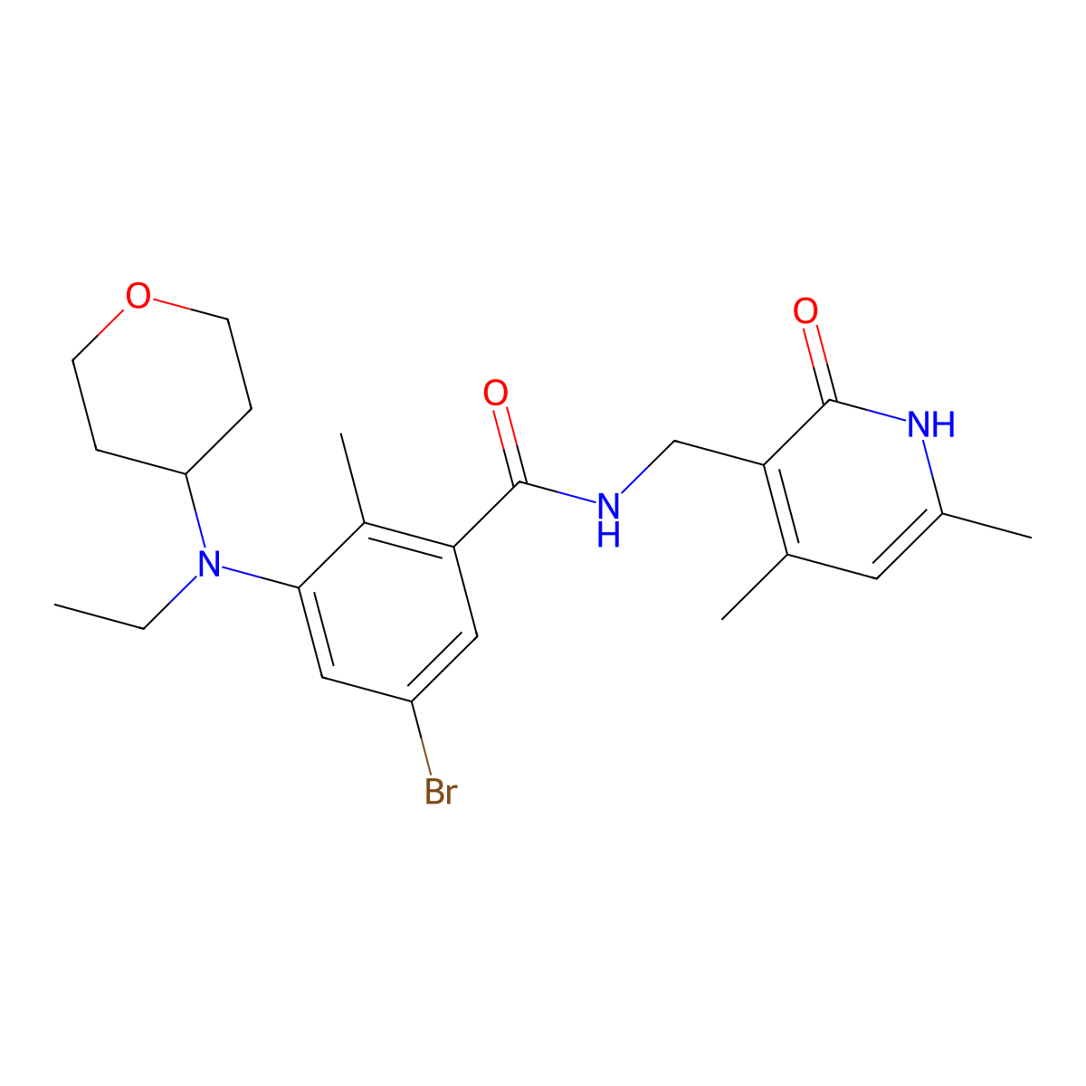 5-Bromo-N-((1,2-dihydro-4,6-dimethyl-2-oxo-3-pyridinyl)methyl)-3-(ethyl(tetrahydro-2H-pyran-4-yl)amino)-2-methylbenzamide molecular structure, CAS 1403257-80-6