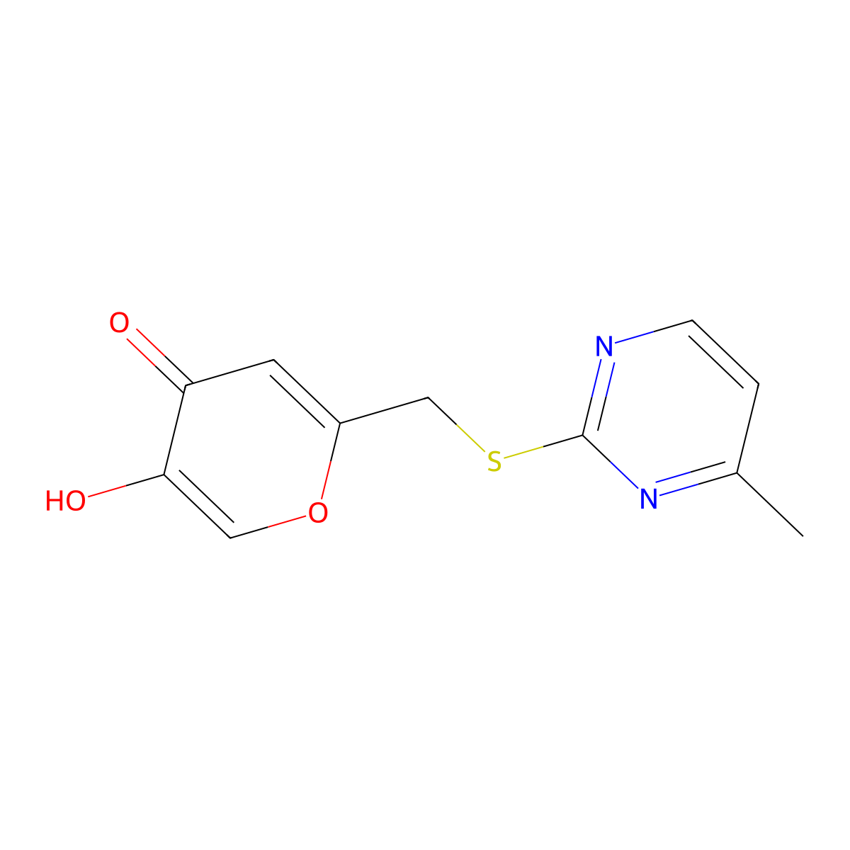 5-hydroxy-2-(((4-methylpyrimidin-2-yl)thio)methyl)-4H-pyran-4-one molecular structure, CAS 1403457-22-6
