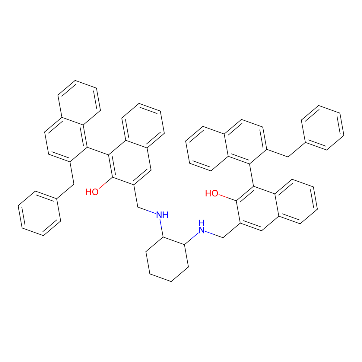 [1,1'-Binaphthalen]-2-ol, 3,3''-[(1S,2S)-1,2-cyclohexanediylbis(iminomethylene)]bis[2'-(phenylmethyl)-, (1R,1''R)- molecular structure, CAS 1403589-08-1