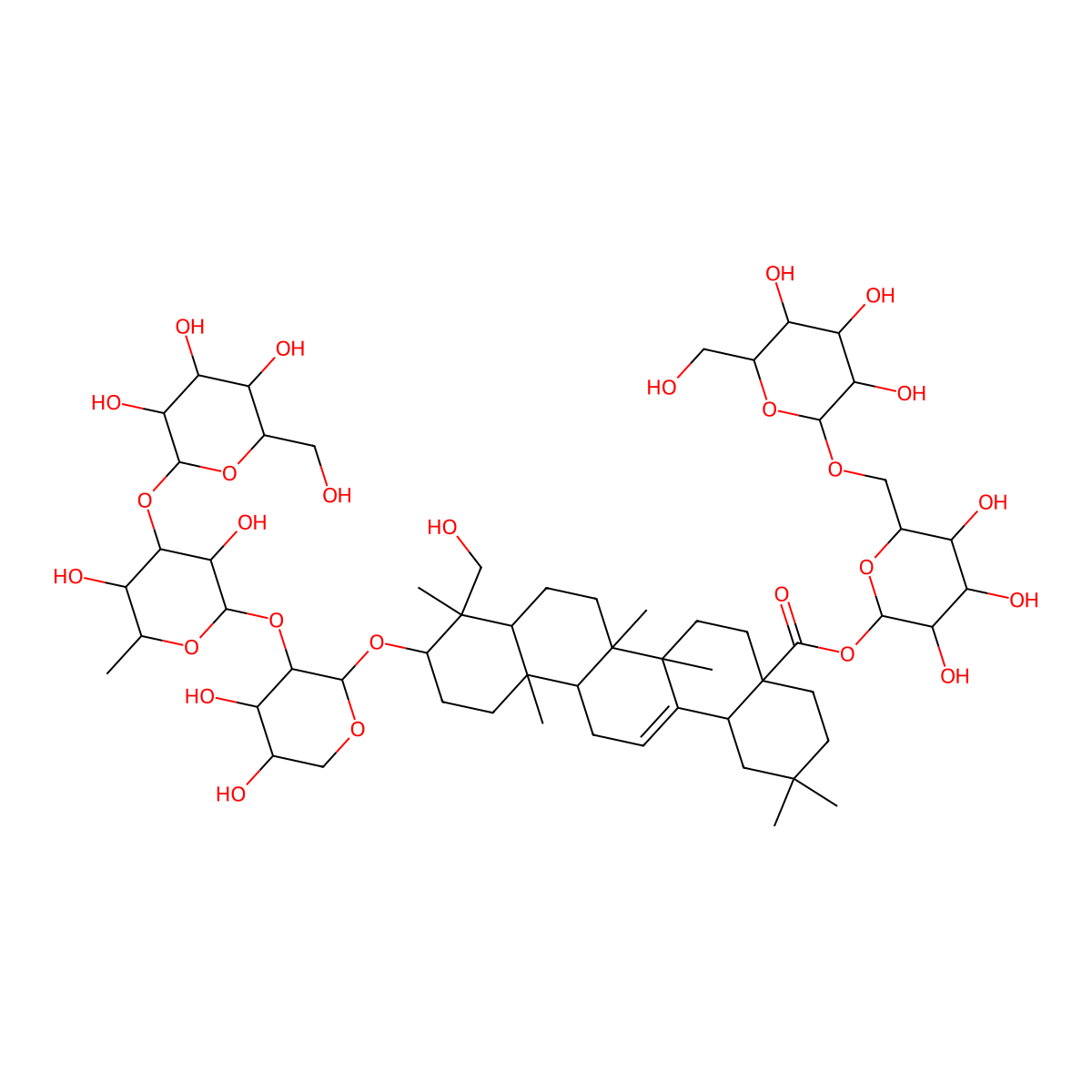 Olean-12-en-28-oic acid, 3-((O-beta-D-glucopyranosyl-(1->3)-O-6-deoxy-alpha-L-mannopyranosyl-(1->2)-alpha-L-arabinopyranosyl)oxy)-23-hydroxy-, 6-O-beta-D-glucopyranosyl-beta-D-glucopyranosyl ester, (3beta,4alpha)- molecular structure, CAS 140360-29-8