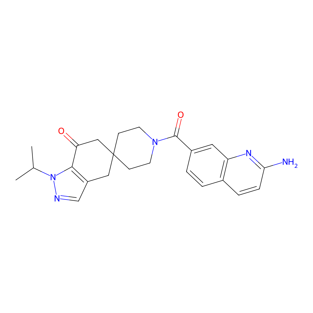1'-(2-Aminoquinoline-7-carbonyl)-1-isopropyl-1,4-dihydrospiro[indazole-5,4'-piperidin]-7(6H)-one molecular structure, CAS 1403745-89-0
