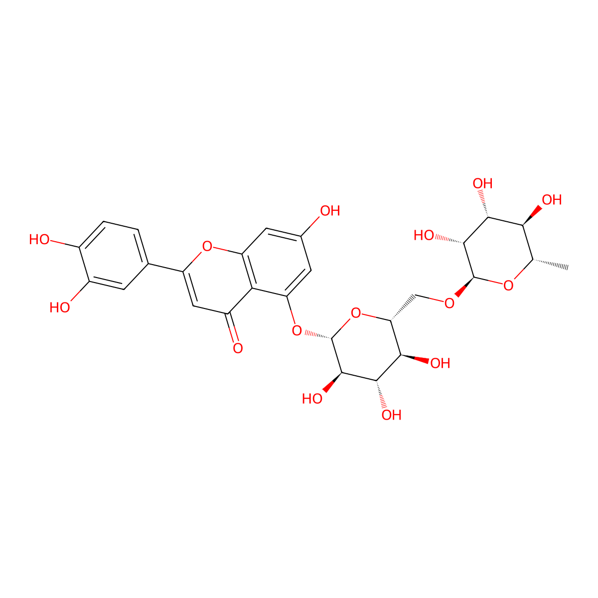 2-(3,4-dihydroxyphenyl)-7-hydroxy-5-[(2S,3R,4S,5S,6R)-3,4,5-trihydroxy-6-[[(2R,3R,4R,5R,6S)-3,4,5-trihydroxy-6-methyloxan-2-yl]oxymethyl]oxan-2-yl]oxychromen-4-one molecular structure, CAS 140380-87-6