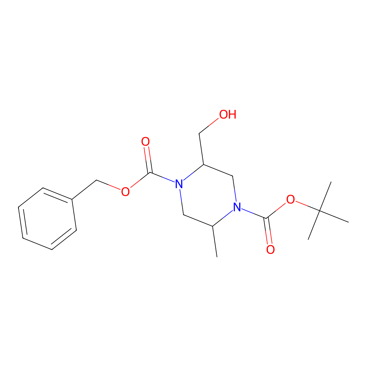 1-Benzyl 4-(tert-butyl) (2R,5R)-2-(hydroxymethyl)-5-methylpiperazine-1,4-dicarboxylate molecular structure, CAS 1403898-70-3