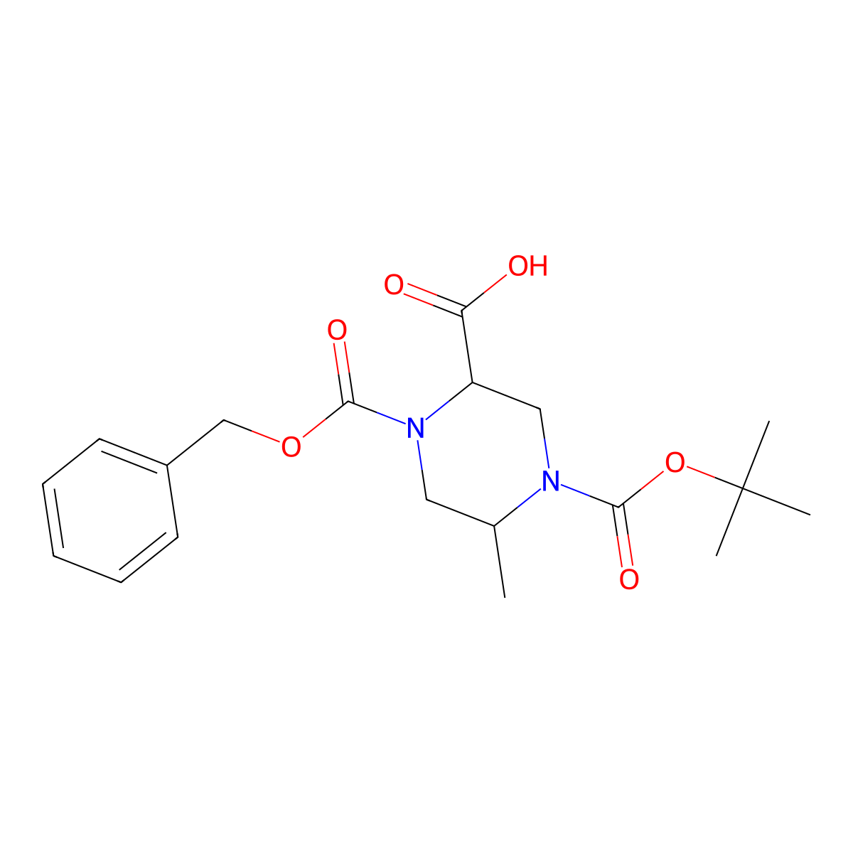 (2R,5R)-1-((Benzyloxy)carbonyl)-4-(tert-butoxycarbonyl)-5-methylpiperazine-2-carboxylic acid molecular structure, CAS 1403898-75-8