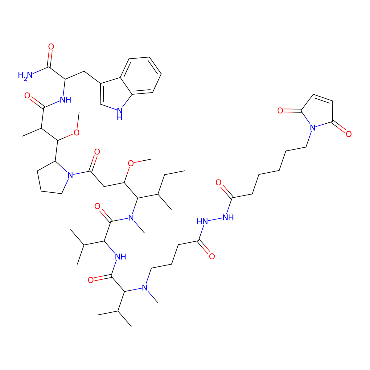 (2S)-N-[(3R,4S,5S)-1-[(2S)-2-[(1R,2R)-3-[[(2S)-1-amino-3-(1H-indol-3-yl)-1-oxopropan-2-yl]amino]-1-methoxy-2-methyl-3-oxopropyl]pyrrolidin-1-yl]-3-methoxy-5-methyl-1-oxoheptan-4-yl]-2-[[(2S)-2-[[4-[2-[6-(2,5-dioxopyrrol-1-yl)hexanoyl]hydrazinyl]-4-oxobutyl]-methylamino]-3-methylbutanoyl]amino]-N,3-dimethylbutanamide molecular structure, CAS 1404071-37-9