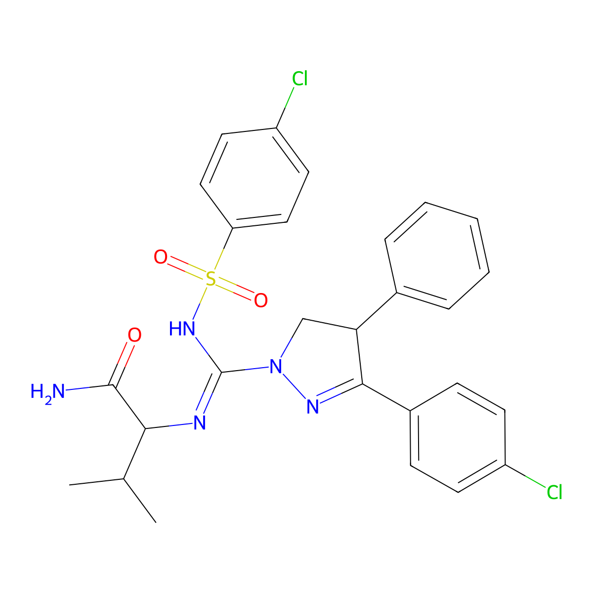 (2S)-2-{[(4-chlorobenzenesulfonamido)[(4R)-3-(4-chlorophenyl)-4-phenyl-4,5-dihydro-1H-pyrazol-1-yl]methylidene]amino}-3-methylbutanamide molecular structure, CAS 1404117-65-2