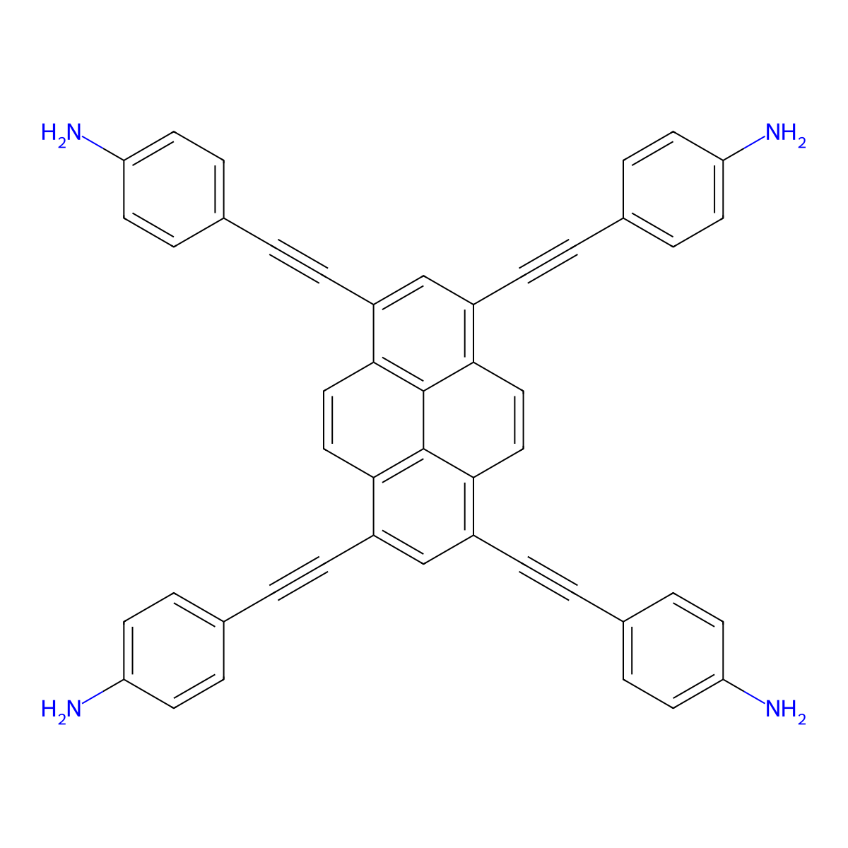 4,4',4'',4'''-(Pyrene-1,3,6,8-tetrayltetrakis(ethyne-2,1-diyl))tetraaniline molecular structure, CAS 1404196-75-3