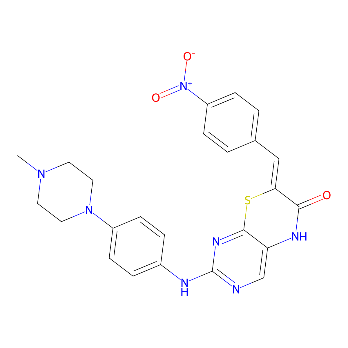 (7Z)-2-[4-(4-Methylpiperazin-1-yl)anilino]-7-[(4-nitrophenyl)methylidene]-5H-pyrimido[4,5-b][1,4]thiazin-6-one molecular structure, CAS 1404231-34-0