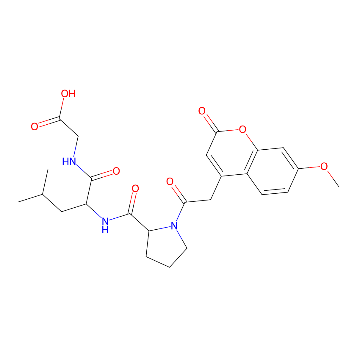 2-[[2-[[1-[2-(7-Methoxy-2-oxochromen-4-yl)acetyl]pyrrolidine-2-carbonyl]amino]-4-methylpentanoyl]amino]acetic acid molecular structure, CAS 140430-56-4