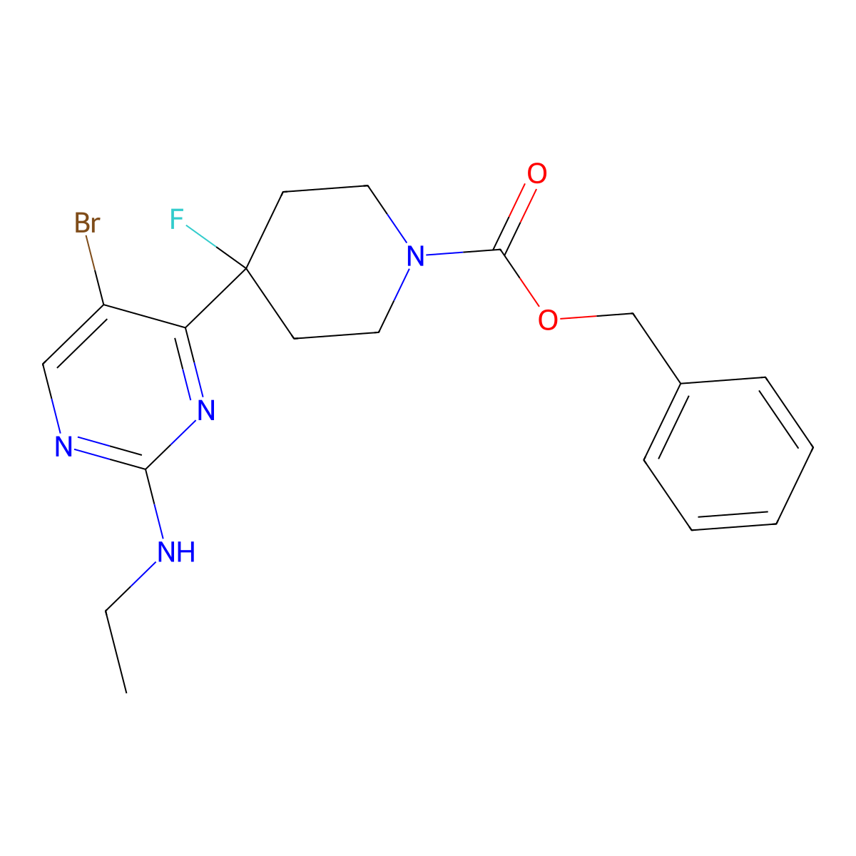 Benzyl 4-[5-bromo-2-(ethylamino)pyrimidin-4-yl]-4-fluoropiperidine-1-carboxylate molecular structure, CAS 1404311-89-2