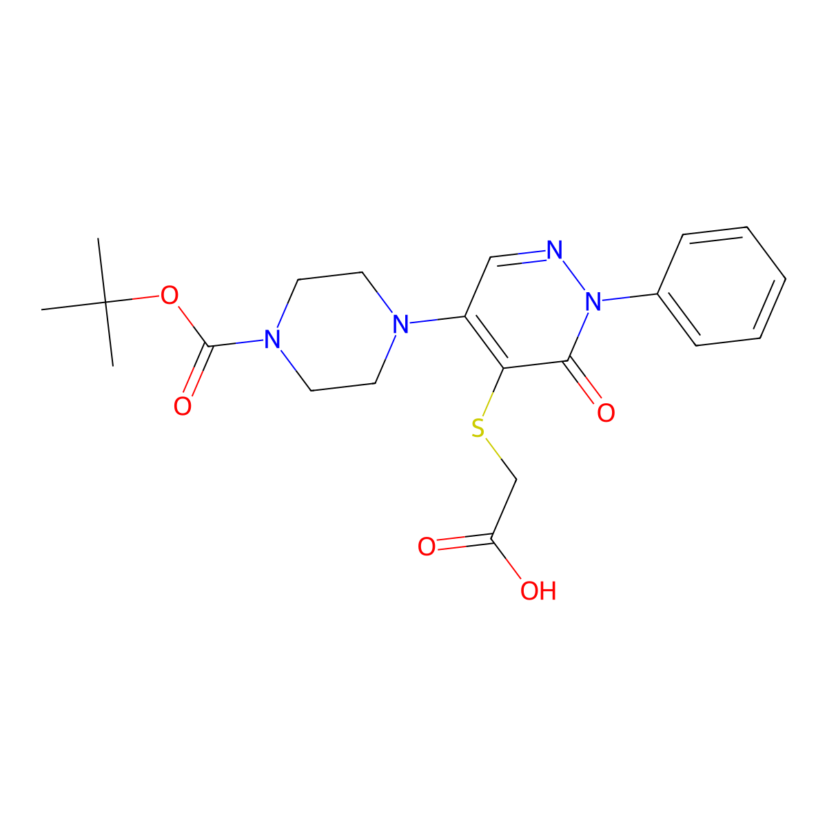 2-((5-(4-(Tert-butoxycarbonyl)piperazin-1-YL)-3-oxo-2-phenyl-2,3-dihydropyridazin-4-YL)thio)acetic acid molecular structure, CAS 1404364-40-4