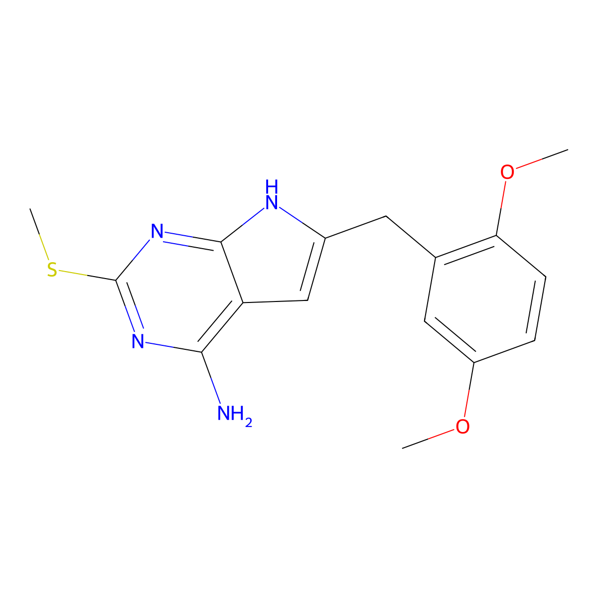 6-(2,5-Dimethoxybenzyl)-2-(methylthio)-7H-pyrrolo[2,3-d]pyrimidin-4-amine molecular structure, CAS 1404364-60-8