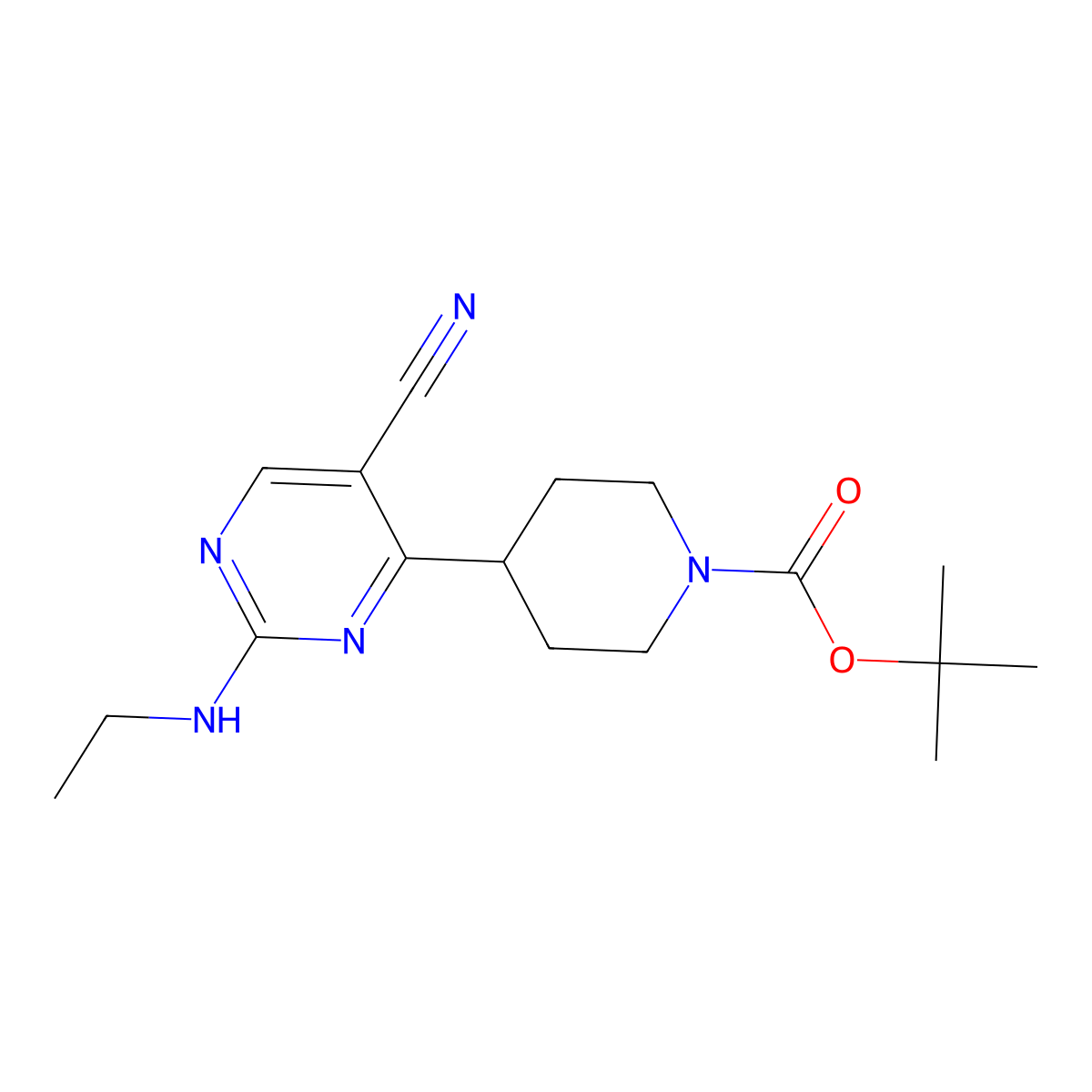 Tert-butyl 4-[5-cyano-2-(ethylamino)pyrimidin-4-yl]piperidine-1-carboxylate molecular structure, CAS 1404364-69-7