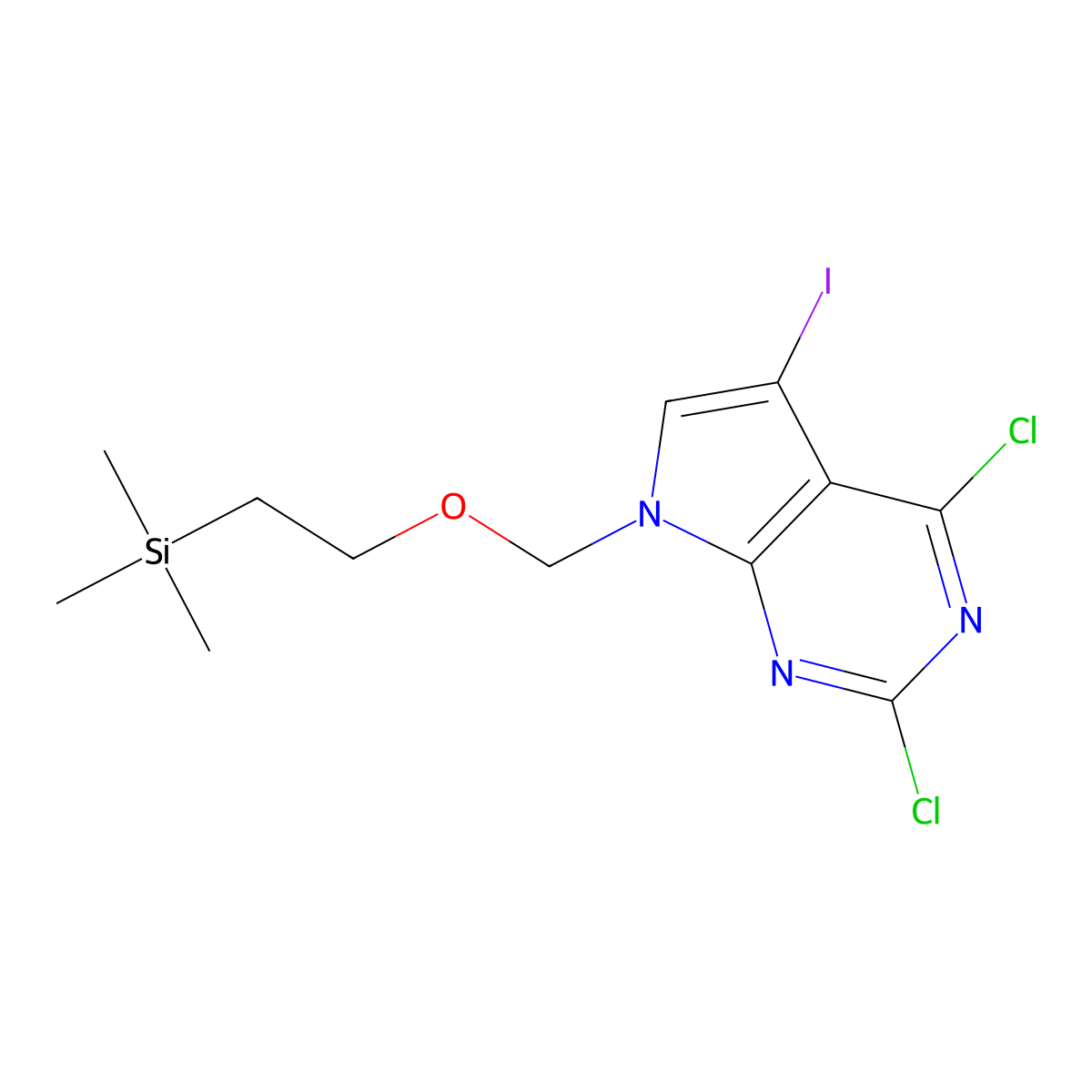 2,4-dichloro-5-iodo-7-((2-(trimethylsilyl)ethoxy)methyl)-7H-pyrrolo(2,3-d)pyrimidine molecular structure, CAS 1404364-72-2