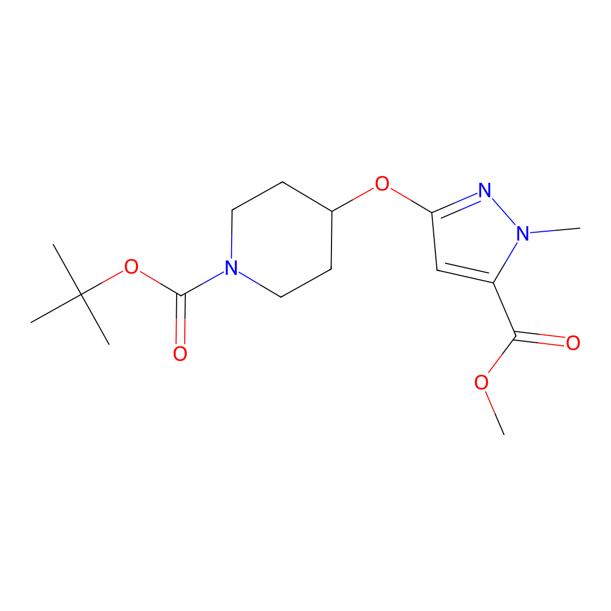 Tert-butyl 4-((5-(methoxycarbonyl)-1-methyl-1h-pyrazol-3-yl)oxy)piperidine-1-carboxylate molecular structure, CAS 1404364-80-2