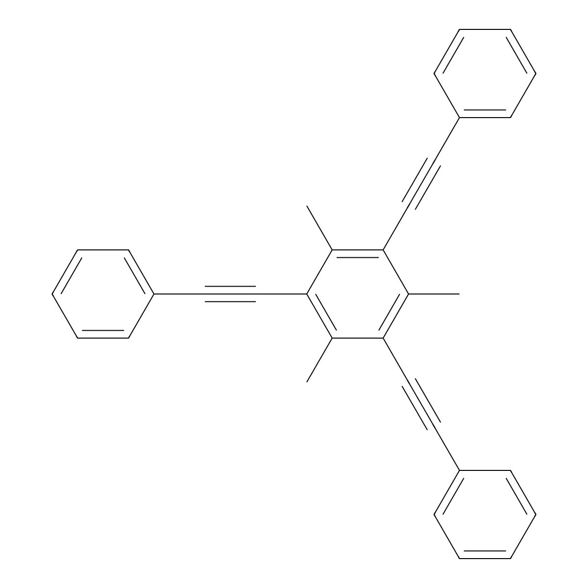 ((2,4,6-Trimethylbenzene-1,3,5-triyl)tris(ethyne-2,1-diyl))tribenzene molecular structure, CAS 140477-43-6