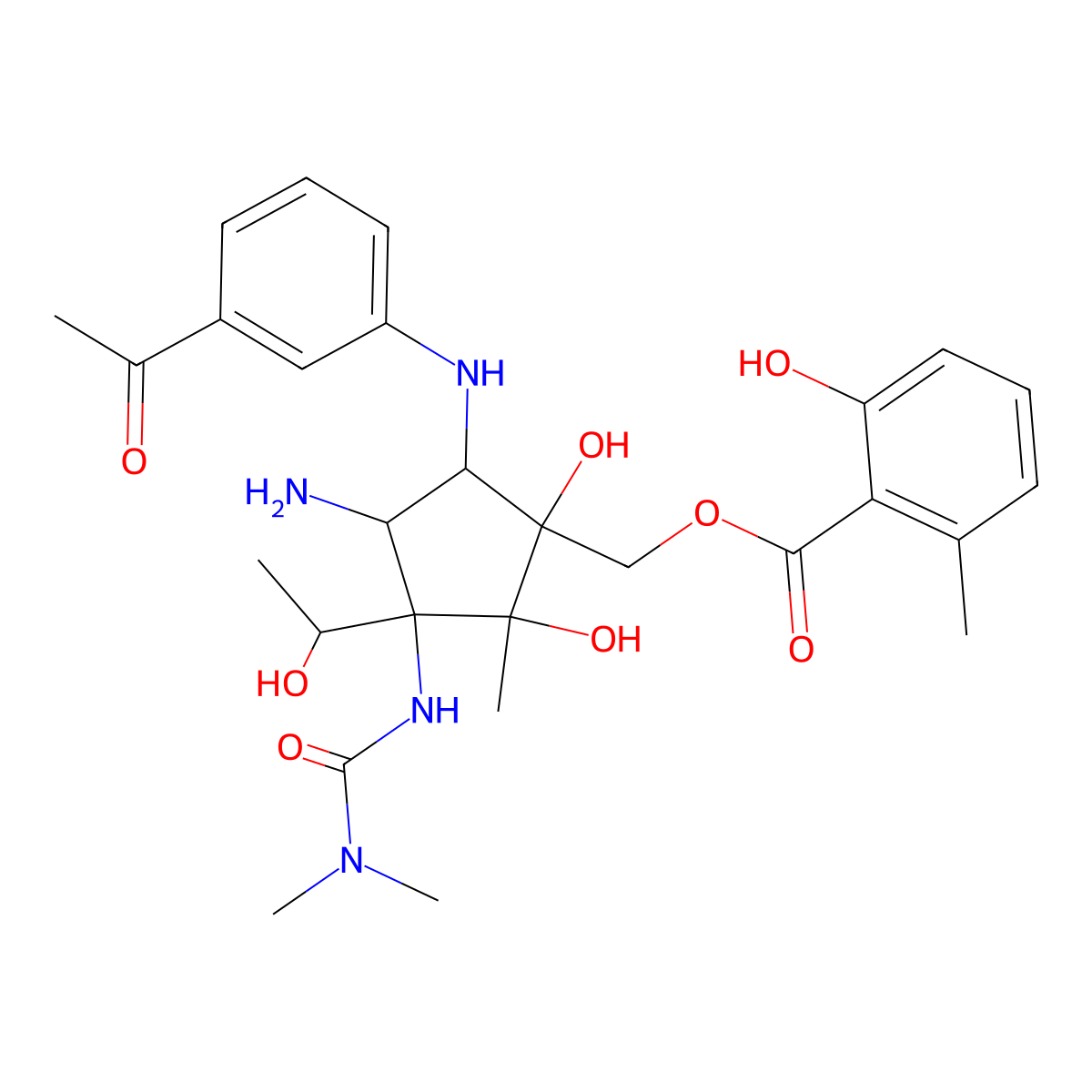 [(3R,5S)-5-(3-acetylanilino)-4-amino-3-(dimethylcarbamoylamino)-1,2-dihydroxy-3-[(1S)-1-hydroxyethyl]-2-methylcyclopentyl]methyl 2-hydroxy-6-methylbenzoate molecular structure, CAS 1405-46-5