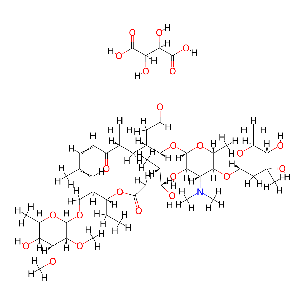 (2R,3R)-2,3-dihydroxybutanedioic acid;2-[(4R,5S,6S,7R,9R,15R,16R)-6-[(2R,3R,4R,5S,6R)-5-[(2S,4R,5S,6S)-4,5-dihydroxy-4,6-dimethyloxan-2-yl]oxy-4-(dimethylamino)-3-hydroxy-6-methyloxan-2-yl]oxy-16-ethyl-4-hydroxy-15-[[(2R,3R,4R,5R,6R)-5-hydroxy-3,4-dimethoxy-6-methyloxan-2-yl]oxymethyl]-5,9,13-trimethyl-2,10-dioxo-1-oxacyclohexadeca-11,13-dien-7-yl]acetaldehyde molecular structure, CAS 1405-54-5