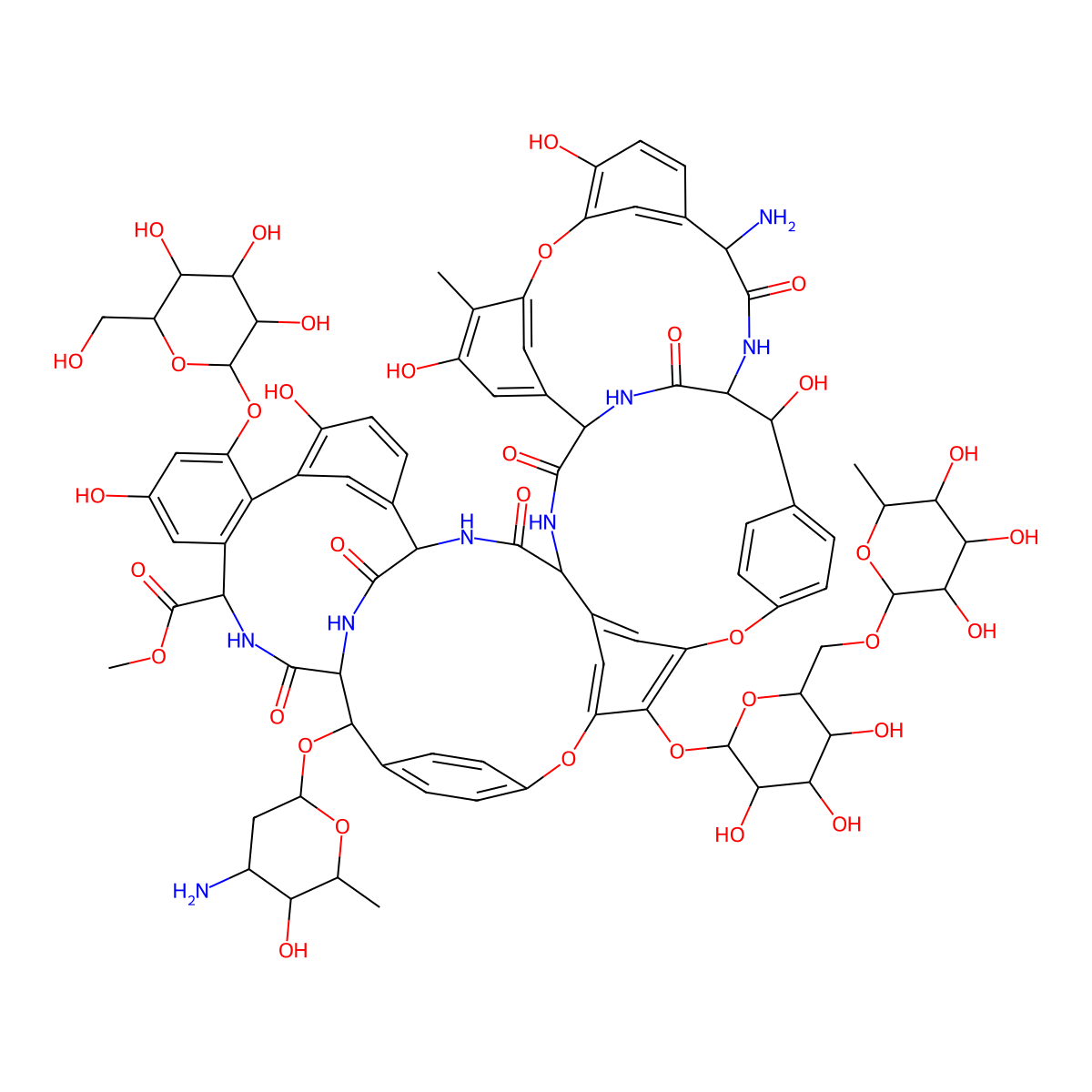 Methyl 22-amino-2-(4-amino-5-hydroxy-6-methyloxan-2-yl)oxy-18,26,31,44,49-pentahydroxy-30-methyl-21,35,38,54,56,59-hexaoxo-47-[3,4,5-trihydroxy-6-(hydroxymethyl)oxan-2-yl]oxy-64-[3,4,5-trihydroxy-6-[(3,4,5-trihydroxy-6-methyloxan-2-yl)oxymethyl]oxan-2-yl]oxy-7,13,28-trioxa-20,36,39,53,55,58-hexazaundecacyclo[38.14.2.23,6.214,17.219,34.18,12.123,27.129,33.141,45.010,37.046,51]hexahexaconta-3(66),4,6(65),8,10,12(64),14(63),15,17(62),23(61),24,26,29(60),30,32,41(57),42,44,46(51),47,49-henicosaene-52-carboxylate molecular structure, CAS 1405-59-0