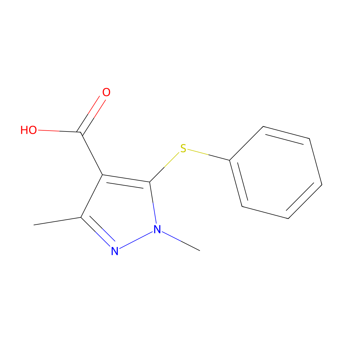 1,3-dimethyl-5-(phenylsulfanyl)-1H-pyrazole-4-carboxylic acid molecular structure, CAS 1405124-86-8