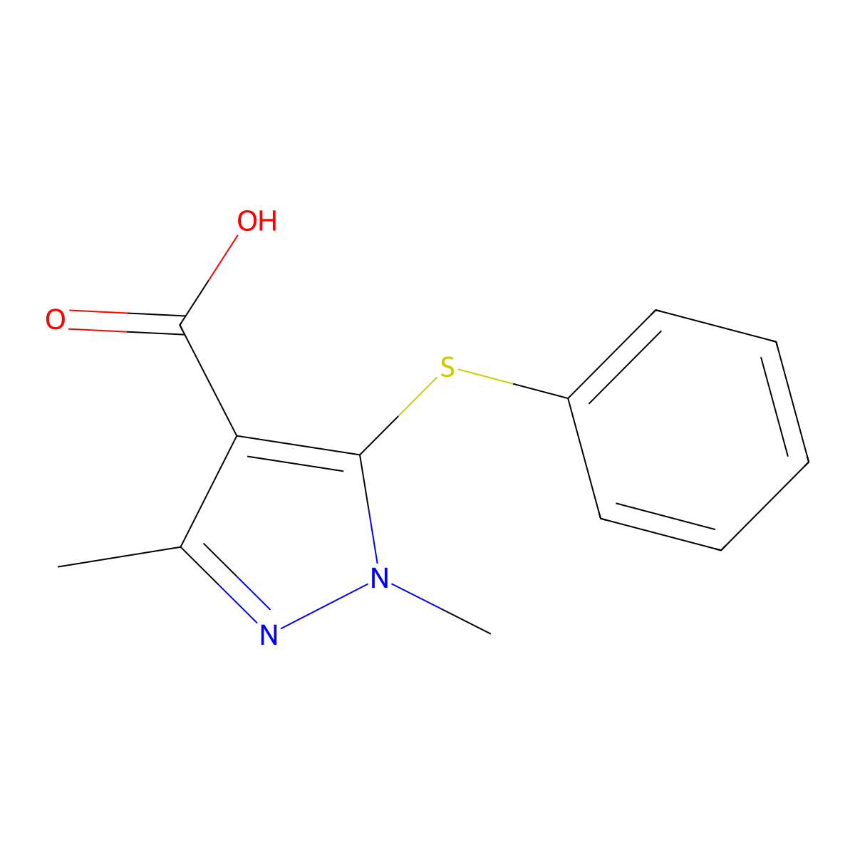 1,3-dimethyl-5-(phenylsulfanyl)-1H-pyrazole-4-carboxylic acid molecular structure, CAS 1405124-86-8