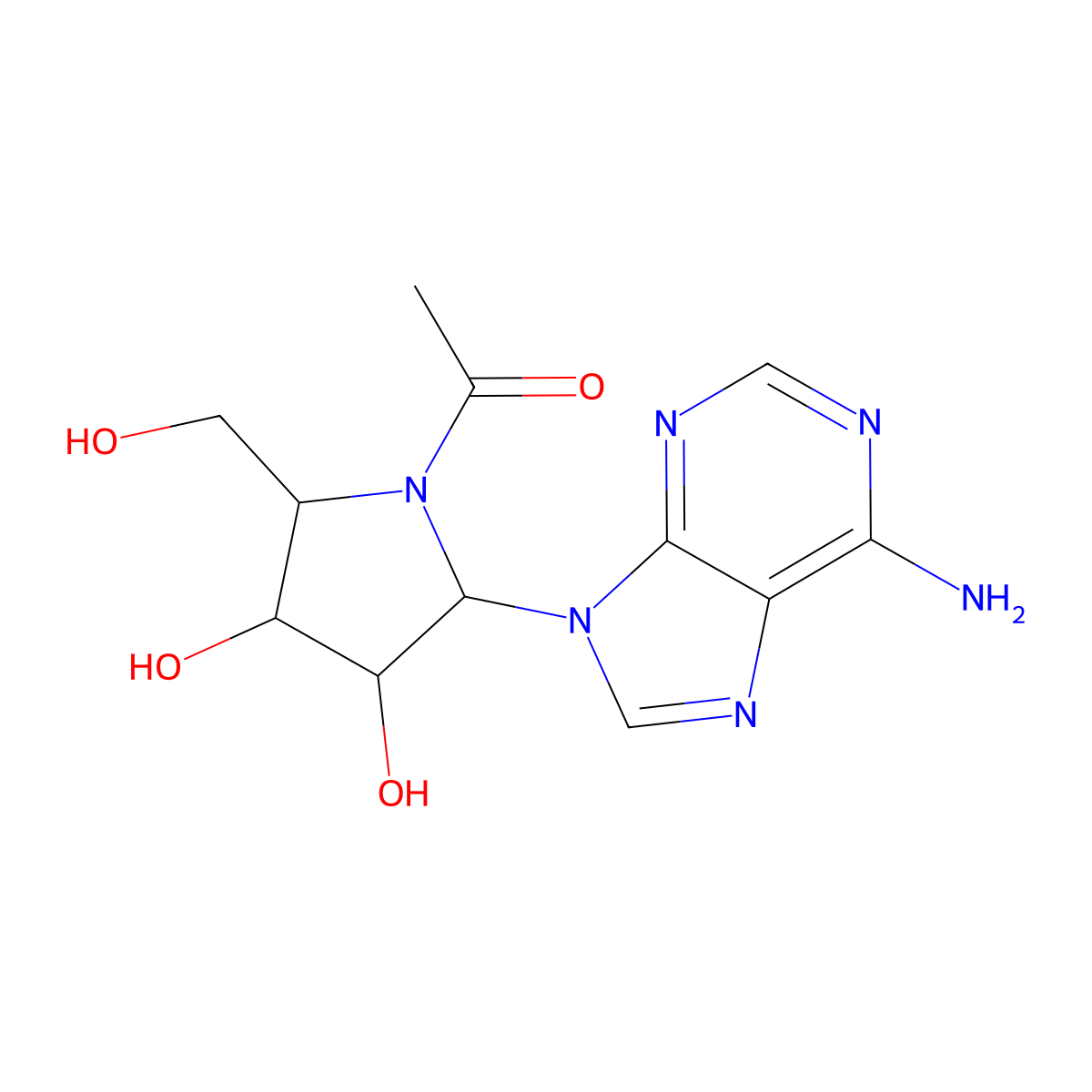 1-[2-(6-Aminopurin-9-yl)-3,4-dihydroxy-5-(hydroxymethyl)pyrrolidin-1-yl]ethanone molecular structure, CAS 14062-45-4
