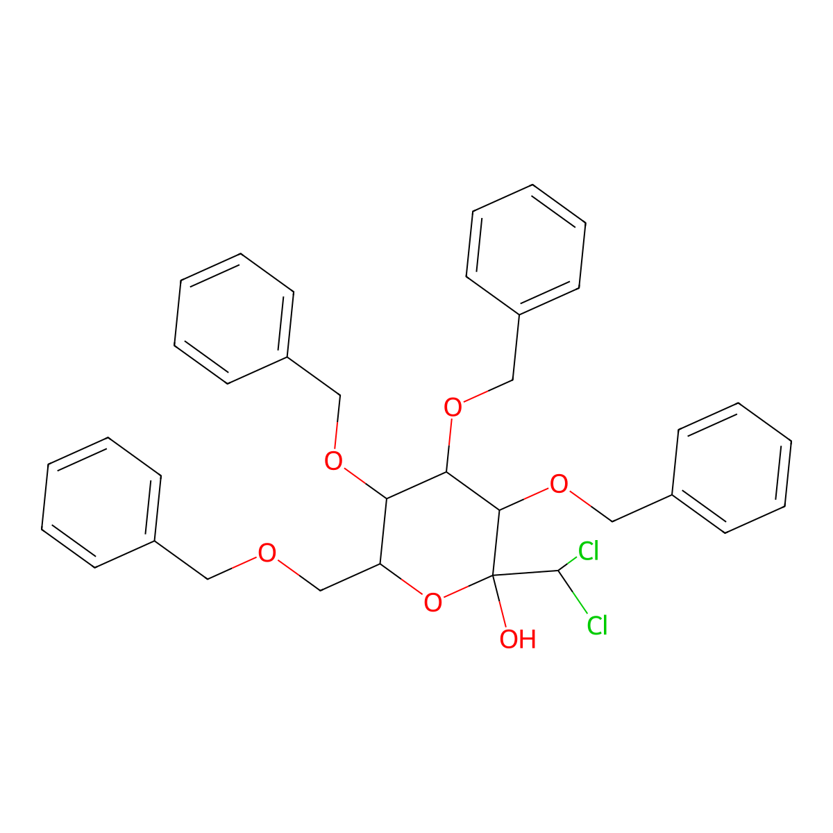 2-(Dichloromethyl)-3,4,5-tris(phenylmethoxy)-6-(phenylmethoxymethyl)oxan-2-ol molecular structure, CAS 140658-50-0