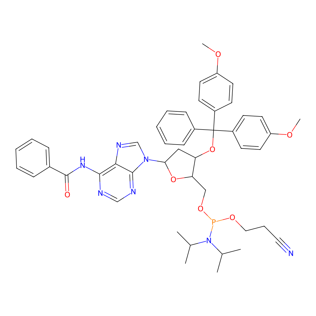 Adenosine, N-benzoyl-3'-O-(bis(4-methoxyphenyl)phenylmethyl)-2'-deoxy-, 5'-(2-cyanoethyl N,N-bis(1-methylethyl)phosphoramidite) molecular structure, CAS 140712-82-9