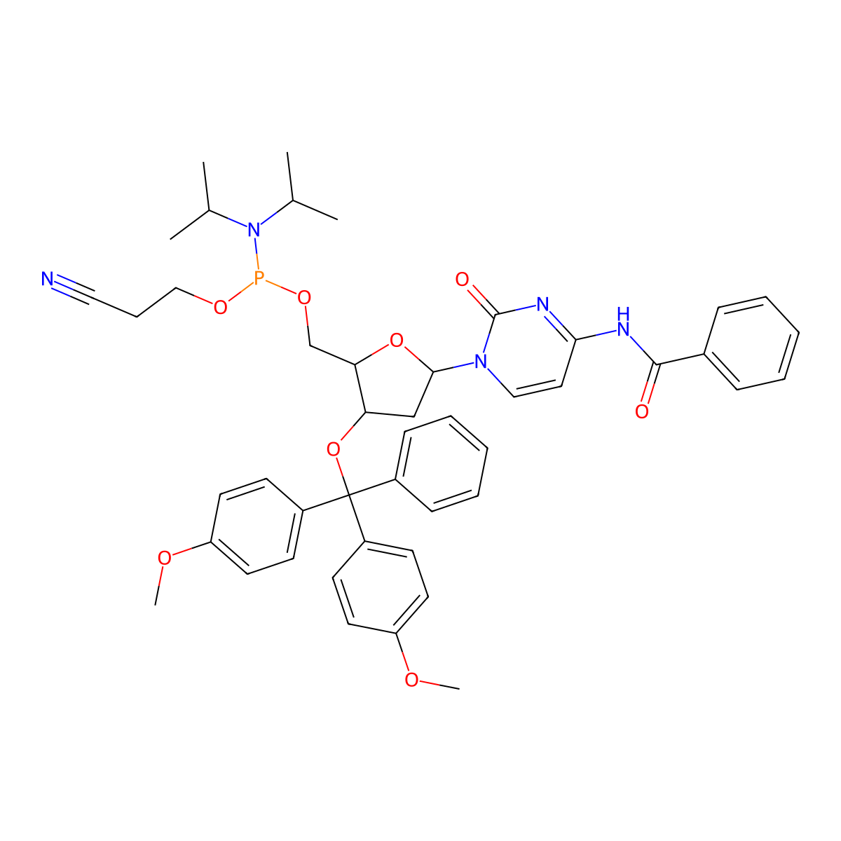 Cytidine, N-benzoyl-3'-O-[bis(4-methoxyphenyl)phenylmethyl]-2'-deoxy-, 5'-[2-cyanoethyl N,N-bis(1-methylethyl)phosphoramidite] molecular structure, CAS 140712-83-0