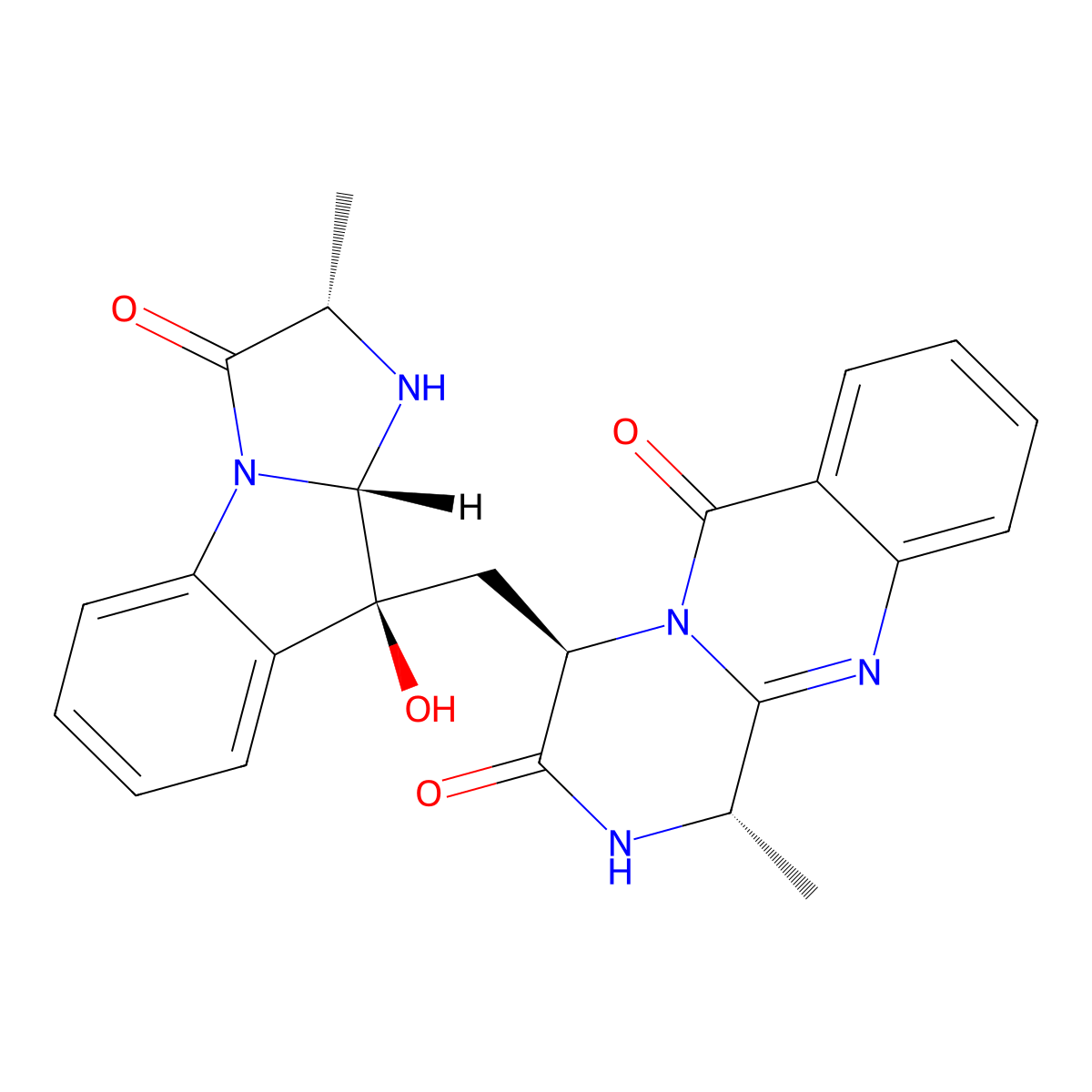 (1S,4R)-1-Methyl-4-(((2S,9S,9aS)-2,3,9,9a-tetrahydro-9-hydroxy-2-methyl-3-oxo-1H-imidazo(1,2-a)indol-9-yl)methyl)-2H-pyrazino(2,1-b)quinazoline-3,6(1H,4H)-dione molecular structure, CAS 140715-85-1