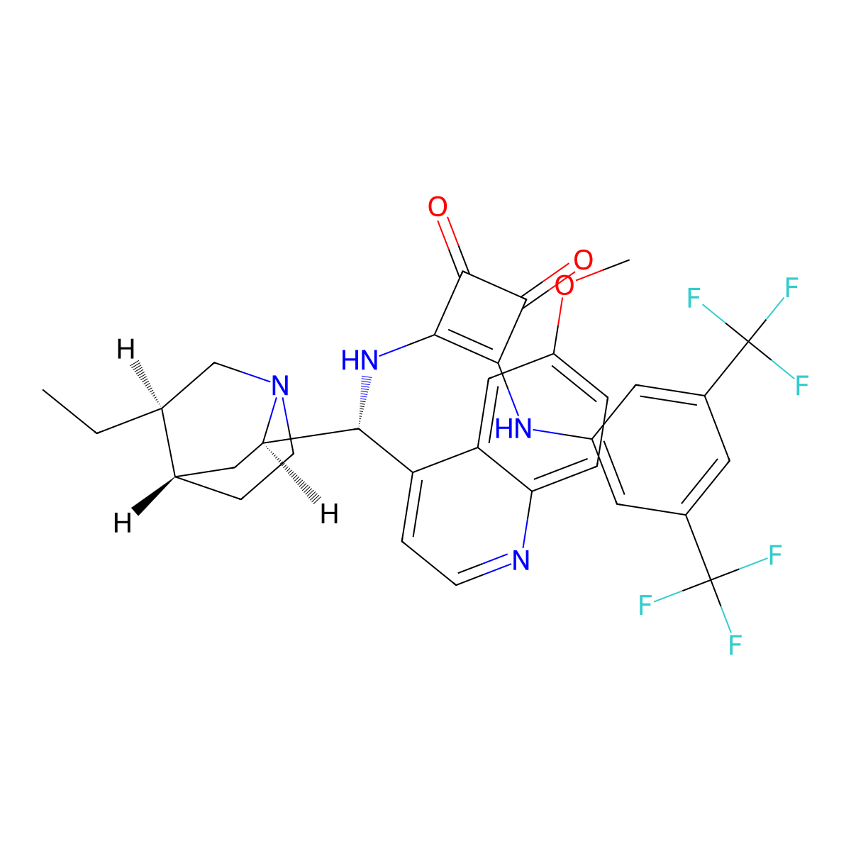 3-[[3,5-Bis(trifluoromethyl)phenyl]amino]-4-[[(9R)-10,11-dihydro-6'-methoxycinchonan-9-yl]amino]-3-cyclobutene-1,2-dione molecular structure, CAS 1407166-63-5