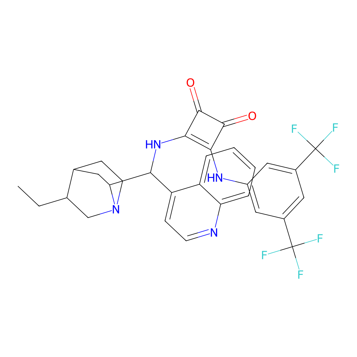 3-[3,5-Bis(trifluoromethyl)anilino]-4-[[(5-ethyl-1-azabicyclo[2.2.2]octan-2-yl)-quinolin-4-ylmethyl]amino]cyclobut-3-ene-1,2-dione molecular structure, CAS 1407166-64-6