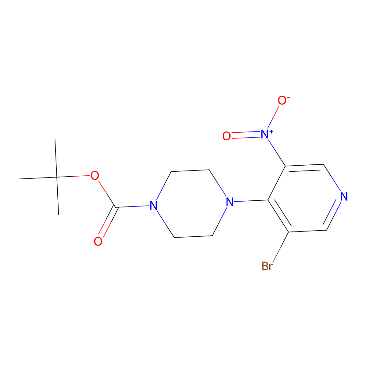 Tert-butyl 4-(3-bromo-5-nitropyridin-4-yl)piperazine-1-carboxylate molecular structure, CAS 1407516-48-6